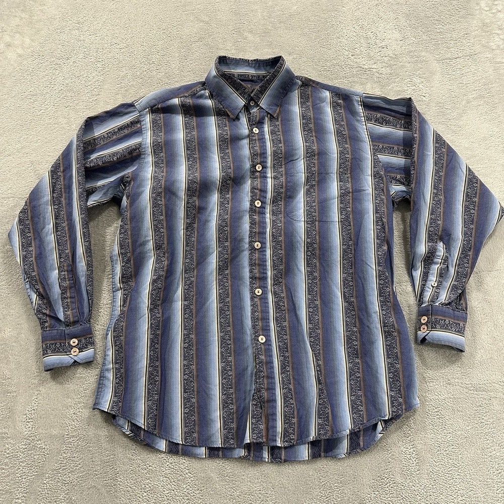 Bugatchi Uomo Button Shirt Long Sleeve Blue Men L Striped Detail Formal Dressy